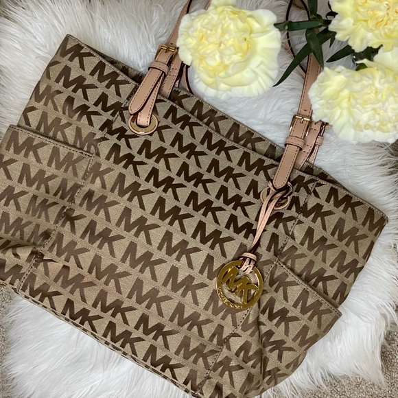 Michael Kors Handbags - Michael Kors Tote Bag with Logo Pendant and Signature Canvas Tan